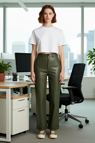 PayBuy Women's Khaki Faux Leather High Waist Straight Cut Trousers Functional Durable Quality Comfortable