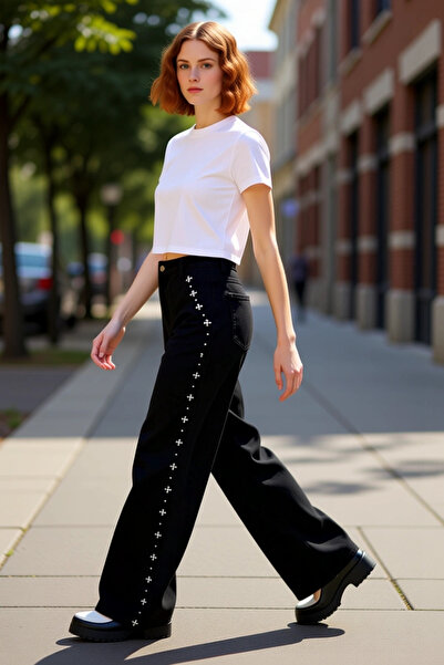 PayBuy Pantaloni de damă cu picioare largi cu pietre aplicate din denim Funcț...