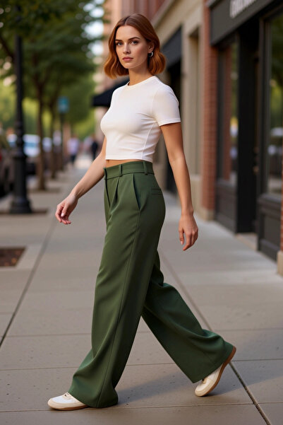 PayBuy Γυναικείο χακί ψηλόμεσο παντελόνι με φαρδύ πλισέ υφαντό παντελόνι Λειτ...