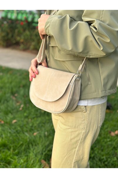 Deribag Genuine Leather, Crossbody Strap, Casual Bag, Women's Shoulder Bag, Beige Color, Suede Leather 21*20*7 cm