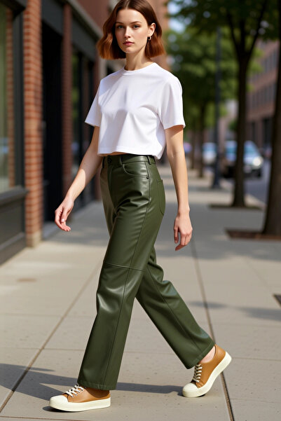 PayBuy Women's Khaki Faux Leather High Waist Straight Cut Trousers Functional Durable Quality Comfortable