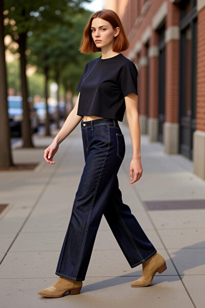 PayBuy Pantaloni de damă, întunecați, cu picioare largi, talie înaltă din den...