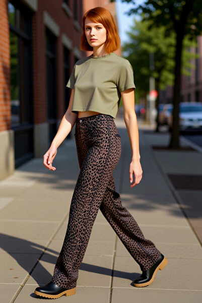 PayBuy Women's Leopard Print Wide Leg Jeans Functional Durable Quality Comfortable Casual