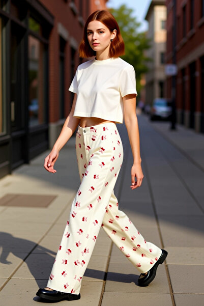 PayBuy Жіночі джинси з високою талією, широкими штанинами та вишневим візерунком, функціональні, міцні, якісні, спортивні