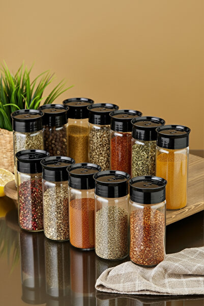 Mefa Mutfak 12-Piece Glass Spice Jar Set - Black