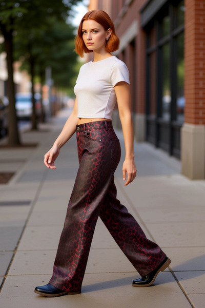 PayBuy Women's Red Leopard Print Wide Leg Denim Pants Functional Durable Quality Sports