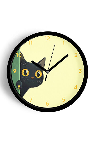 JHAAR ساعة حائط حديثة على شكل قطة سوداء لطيفة - 35 سم - هيكل أسود مع واجهة زج...