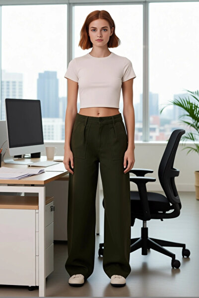 PayBuy Women's Khaki Gabardine Barrel Cut High Waist Trousers Functional Durable Quality Modern