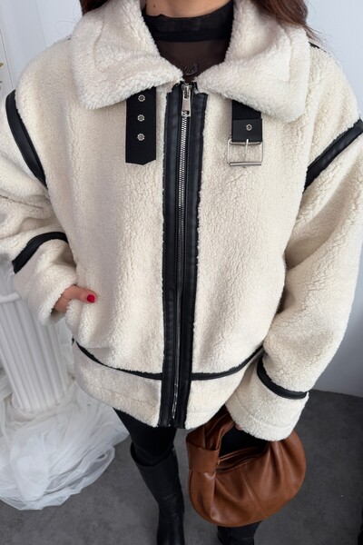 moda armanc Γυναικείο δερμάτινο παλτό με λεπτομέρειες oversized - Premium Design Biker Teddy Coat Jacket