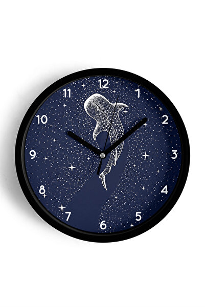 JHAAR Ceas de perete modern Galaxy Whale - 30cm - Carcasă neagră cu sticlă fr...