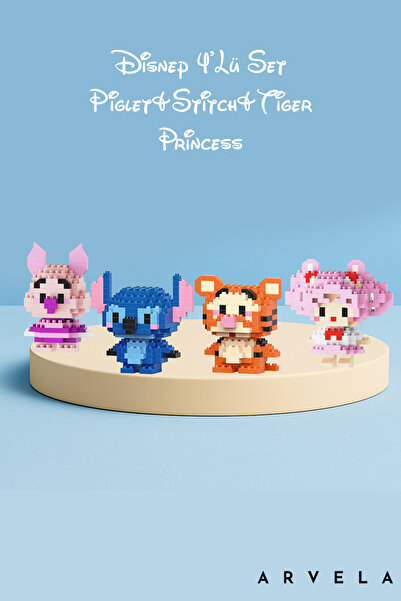 Arvela Disney 4’lü Mini Blok Set – Piglet, Stitch, Tiger ve Pembe Prenses Fig...