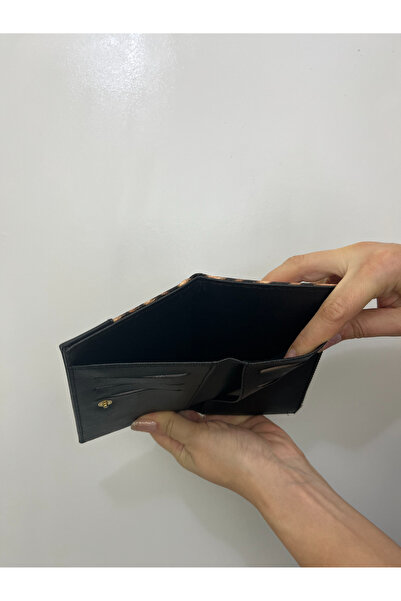 shiny ever Black Cream Leopard Patterned Leather Women's Wallet with Gold Detail