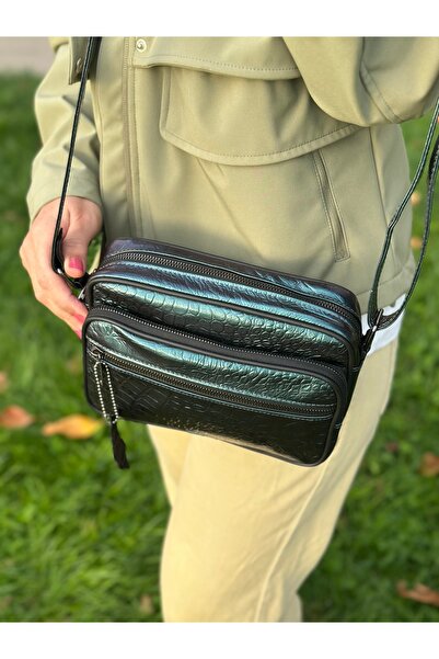 Deribag Genuine Leather, Medium Size, Crossbody Strap, Women's Shoulder Bag, Printed Green, 23*17*8 cm