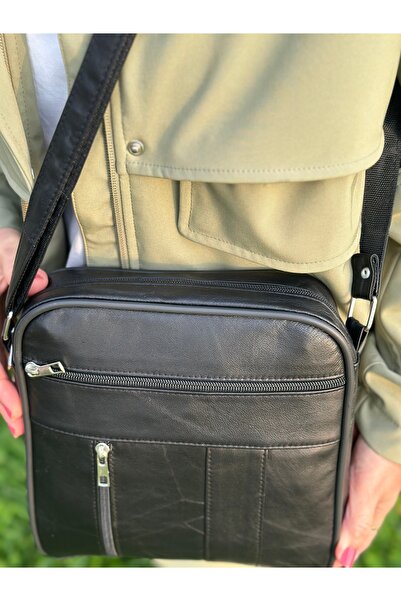 Deribag Genuine Leather, Medium Size, Crossbody Strap, Women's Shoulder Bag, Black, 22*24*5 cm