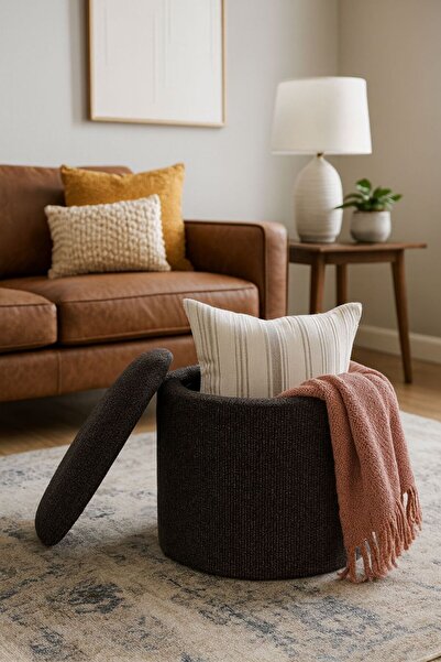 WEBPANYA Handmade X Large Antrasit Dokuma Kumaş Sandıklı Silindir Dekoratif P...