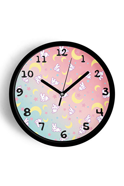 JHAAR ساعة حائط لغرفة الأطفال بتصميم أرنب لطيف - 30 سم - هيكل أسود مع واجهة ز...