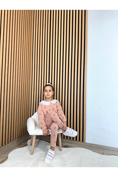 Magu Girls' Cotton Tile Flower Pattern Lace Collar Sweatshirt & Leggings Set