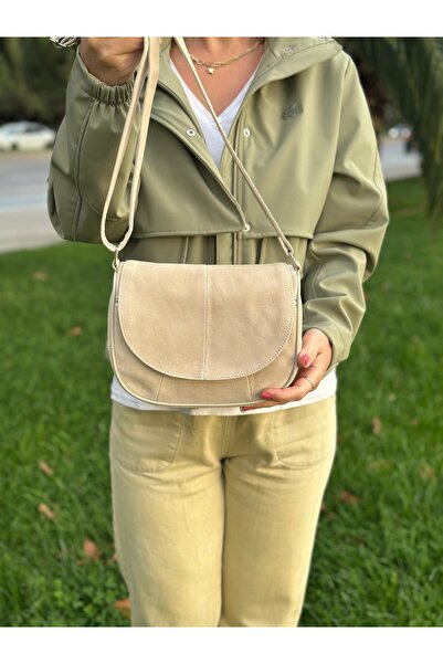 Deribag Genuine Leather, Crossbody Strap, Casual Bag, Women's Shoulder Bag, Beige Color, Suede Leather 21*20*7 cm