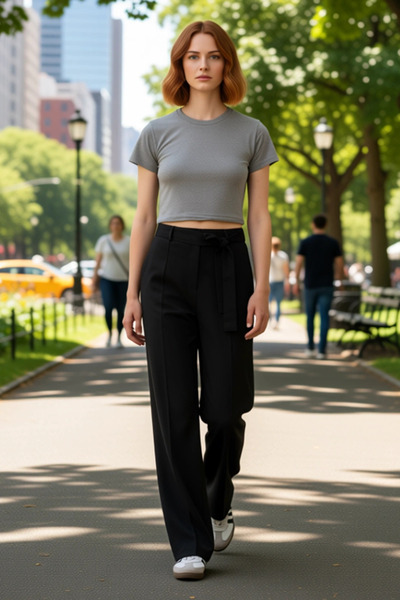 PayBuy Women's Belted Straight Cut Ribbed Fabric Pants Functional Durable Quality Comfortable Stylish