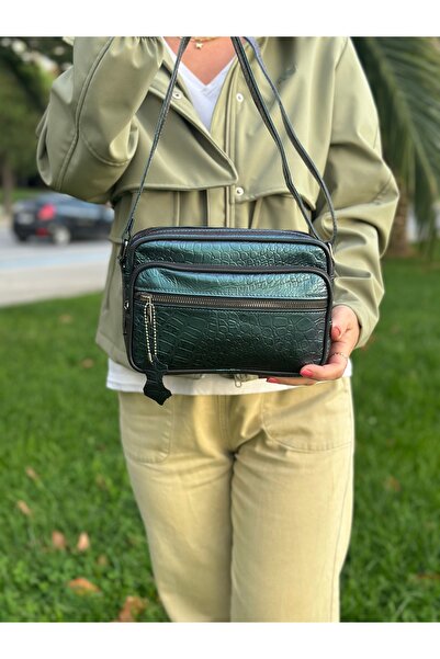 Deribag Genuine Leather, Medium Size, Crossbody Strap, Women's Shoulder Bag, Printed Green, 23*17*8 cm