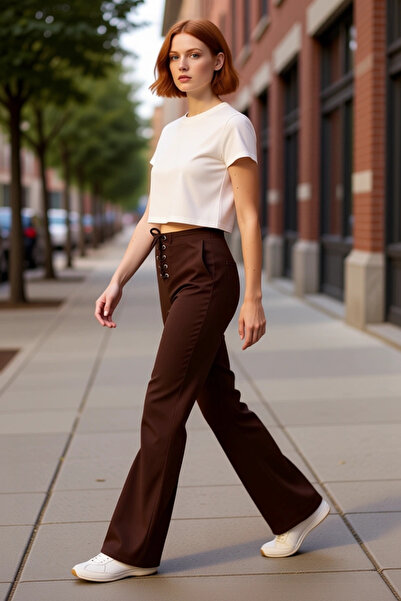 PayBuy Women's Khaki Gabardine Lace-Up Flare Pants Functional Durable Quality Comfortable Modern