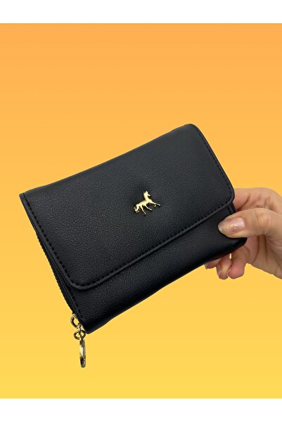 shiny ever Black Leather Women's Wallet with Gold Detail
