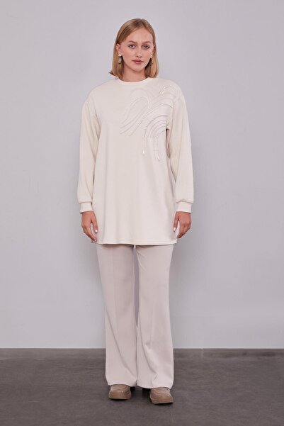 Levidor Cream Pearl Detailed Sweatshirt