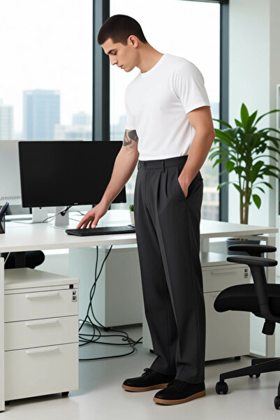 PayBuy Men's Anthracite Pleated Baggy Fit Fabric Trousers Functional Durable Quality Comfortable Stylish