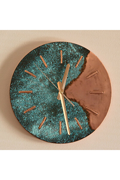 EMO Patina Saf Bakır Duvar Saati, Oksitlenmiş Turkuaz Bakır Duvar Saati, El Yapımı Bakır Duvar Saati