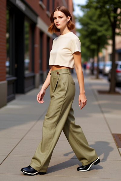 PayBuy Women's Khaki High Waist Wide Leg Woven Pants Functional Durable Quality Comfortable Stylish