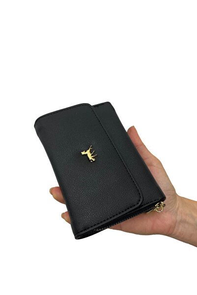 shiny ever Black Leather Women's Wallet with Gold Detail