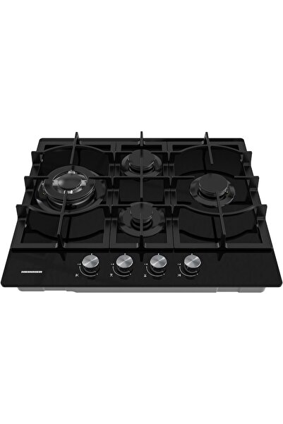 Heinner Built-in Gas Hob HBH-M452IWFGBK – 4 Burners, Wok, Cast Iron Grates, 60 cm, Black Glass