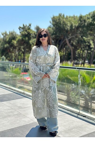 Ranasubaşı Whisper Lace Floral Patterned Belted Kimono Blue