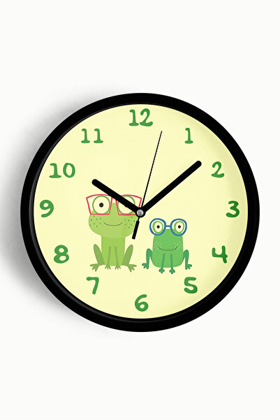 JHAAR Gözlüklü Kurbağalar Çocuk Odası Duvar Saati - 30cm - Önü Camlı Siyah Ka...
