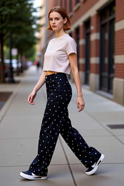 PayBuy Pantaloni de damă din denim cu picioare largi, cu modele florale, func...