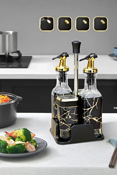 Ahinur Mutfak طقم زيت وخل وفلفل مكون من 5 قطع مع حامل - أغطية دوارة، تصميم ما...