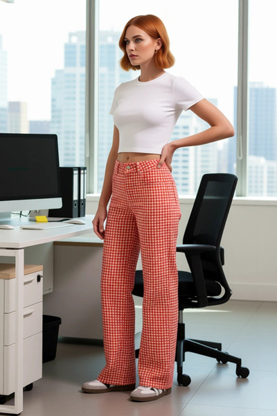 PayBuy Women's Red Gingham Wide Leg Pants Functional Durable Quality Comfortable Casual