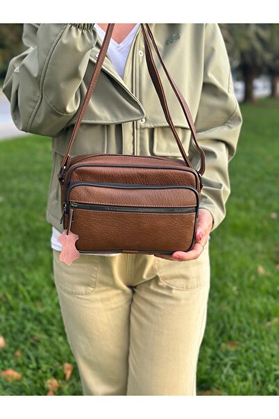 Deribag Genuine Leather, Medium Size, Crossbody Strap, Women's Shoulder Bag, Tan, 23*17*8 cm