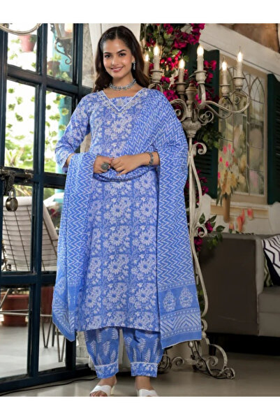 MYSMAR Blue Viscose Cotton Embroidery Salwar Kameez & Dupatta - ALV1131 | Blue