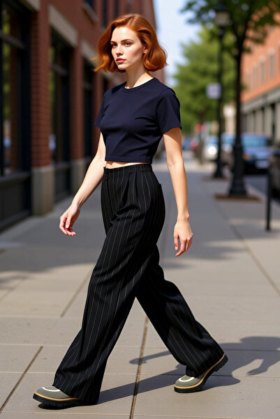 PayBuy Pantaloni cu picioare largi pentru femei, cu dungi talie înaltă Funcți...