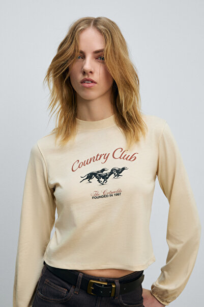 GRIMELANGE Timbali Women's 100% Cotton Soft Fabric Printed Balloon Sleeves with Elasticated Cuffs Cream T-Shirt