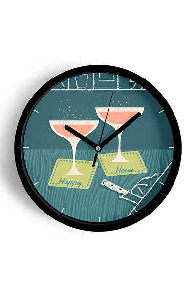 JHAAR ساعة حائط بتصميم عصري على شكل كأس كوكتيل - 35 سم - هيكل أسود مع واجهة ز...