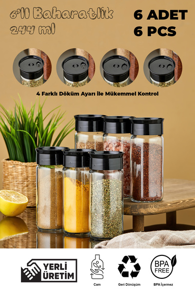 Mefa Mutfak 6-Piece Glass Spice Jar Set - Black