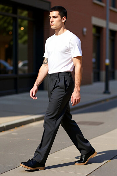 PayBuy Men's Anthracite Pleated Baggy Fit Fabric Trousers Functional Durable Quality Comfortable Stylish