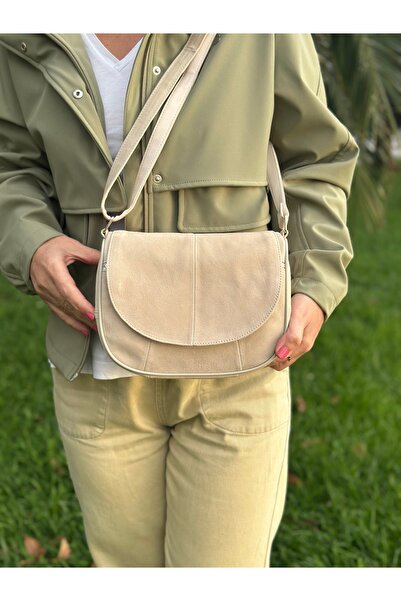 Deribag Genuine Leather, Crossbody Strap, Casual Bag, Women's Shoulder Bag, Beige Color, Suede Leather 21*20*7 cm
