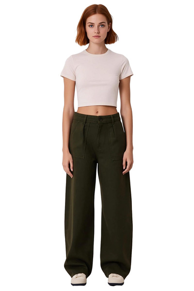 PayBuy Women's Khaki Gabardine Barrel Cut High Waist Trousers Functional Durable Quality Modern