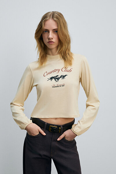 GRIMELANGE Timbali Women's 100% Cotton Soft Fabric Printed Balloon Sleeves with Elasticated Cuffs Cream T-Shirt