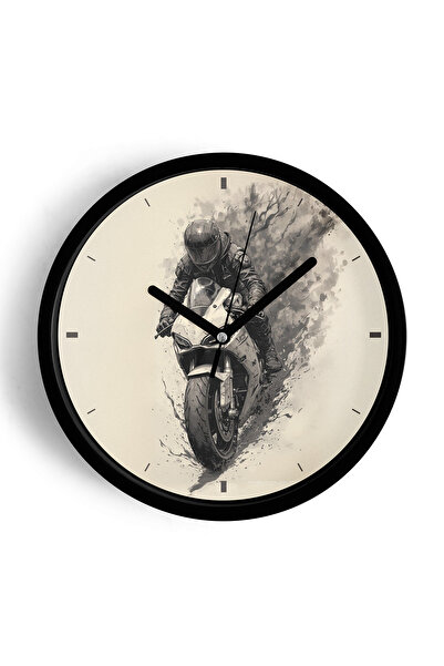 JHAAR Ceas de perete modern Biker - 30cm - Carcasă neagră cu sticlă frontală ...