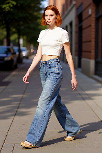PayBuy Pantaloni din denim pentru femei talie înaltă cu picioare largi, croia...