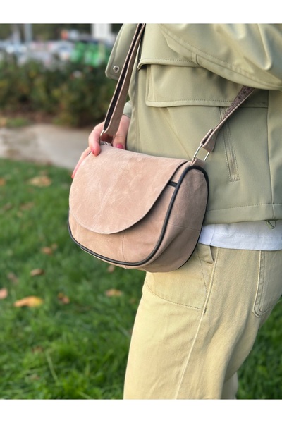 Deribag Genuine Leather, Crossbody Strap, Casual Bag, Women's Shoulder Bag, Ecru Color, Suede Leather 21*20*7 cm